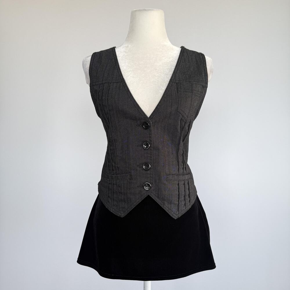 Be Bop Suit Vest Juniors M Gray Denim V Neck 4 Button Adjustable Back Slim Fit
